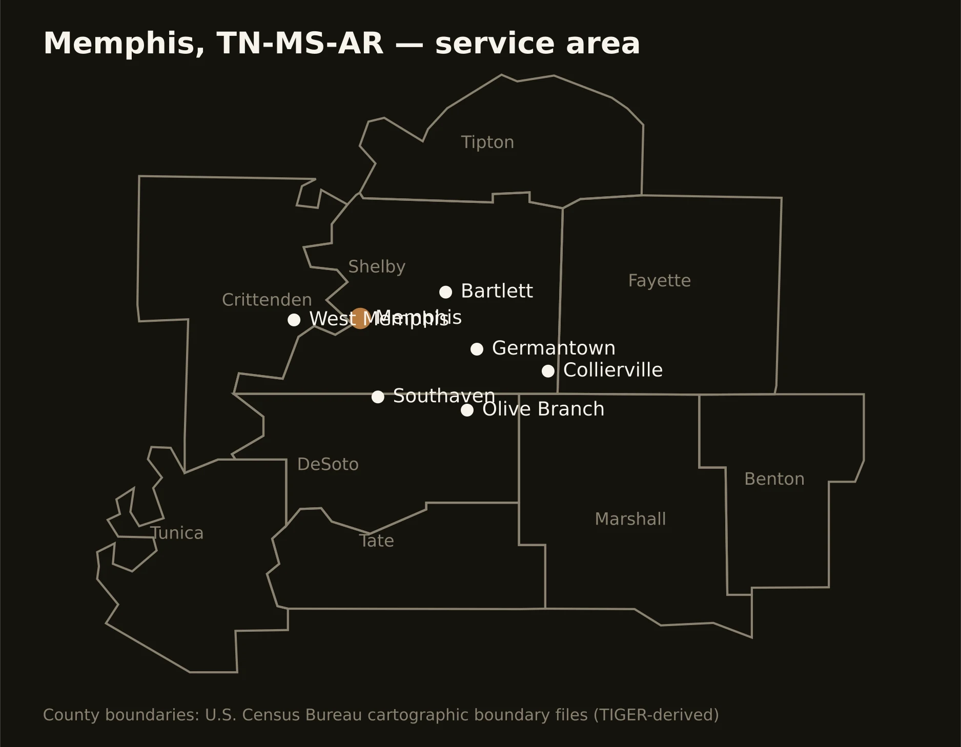 Memphis, TN-MS-AR directional drilling service area map — component counties and cities served